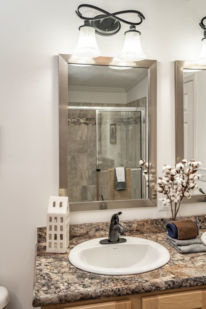 Brushed Nickel Framed Mirror Over Lav, Bathroom Mirrors Brushed Nickel Frame